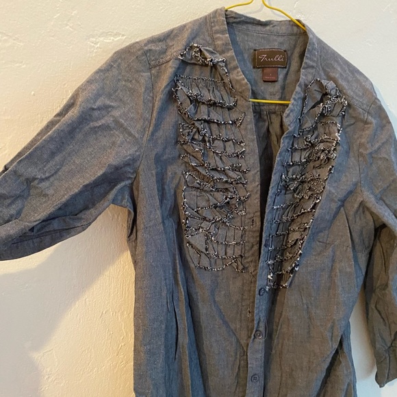 Button up dress with ruffles , 3/4 sleeve fits small to medium grey/blue - Picture 11 of 12